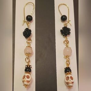Handmade Beautiful Rose Quartz & Flowers & Skulls Dangle Earrings
